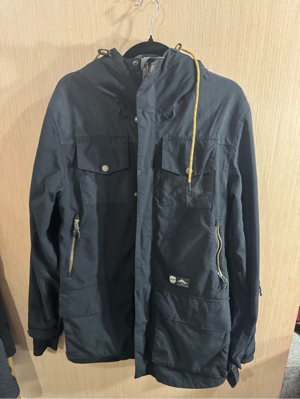 Women’s Orage Black Hooded Winter Jacket with Yellow Drawcord Size Small